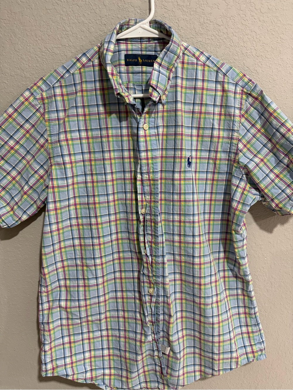 Ralph Lauren Men’s Short-Sleeve Plaid Button-Down Shirt - Blue, Green, Yellow